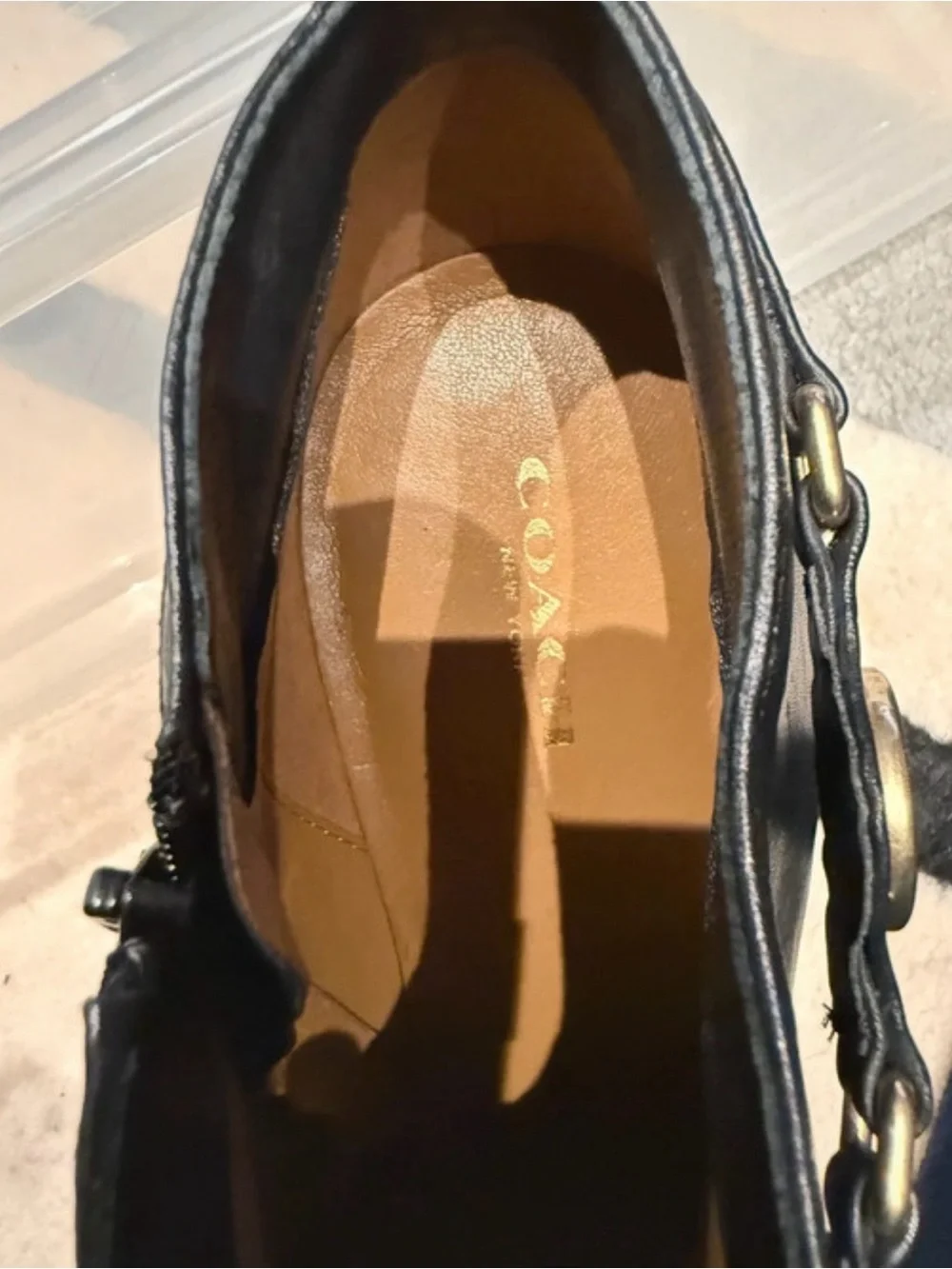 Coach Black Leather Ankle Booties with Gold Logo Strap